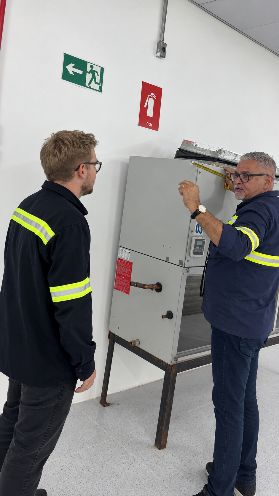 Profissionais inspecionando e medindo equipamento de climatização
