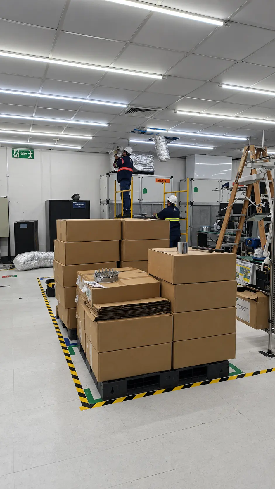 Equipe instalando sistema de climatização em ambiente produtivo