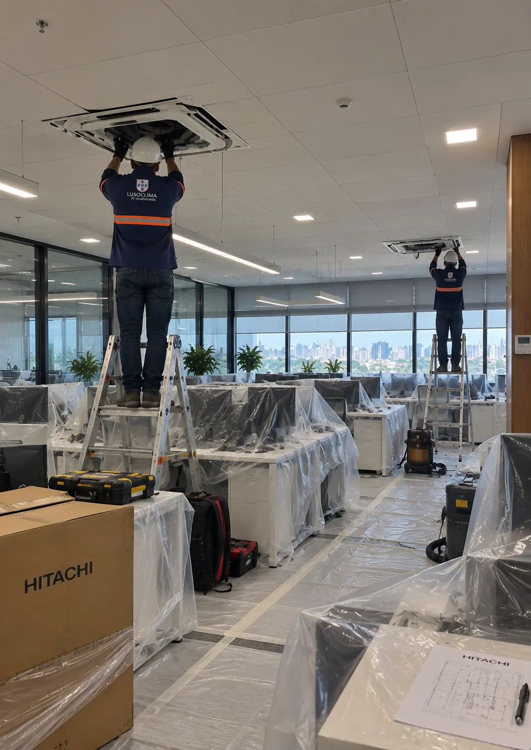 Equipe Lusoclima instalando unidades cassete no teto de escritório com mobiliário protegido